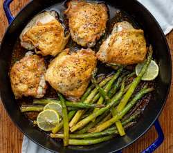 Baked chicken thighs with roasted asparagus